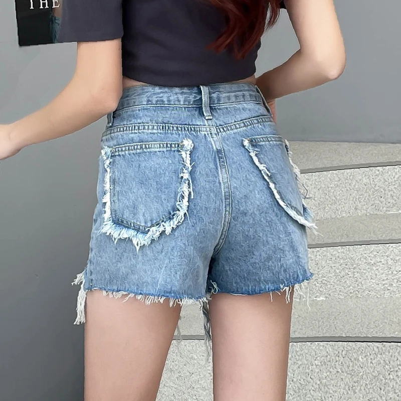 Denim shorts, women's summer 2023 shorts, blue commuting high waisted, furry edge, spicy girl, A-line net red, thin fringe, wide