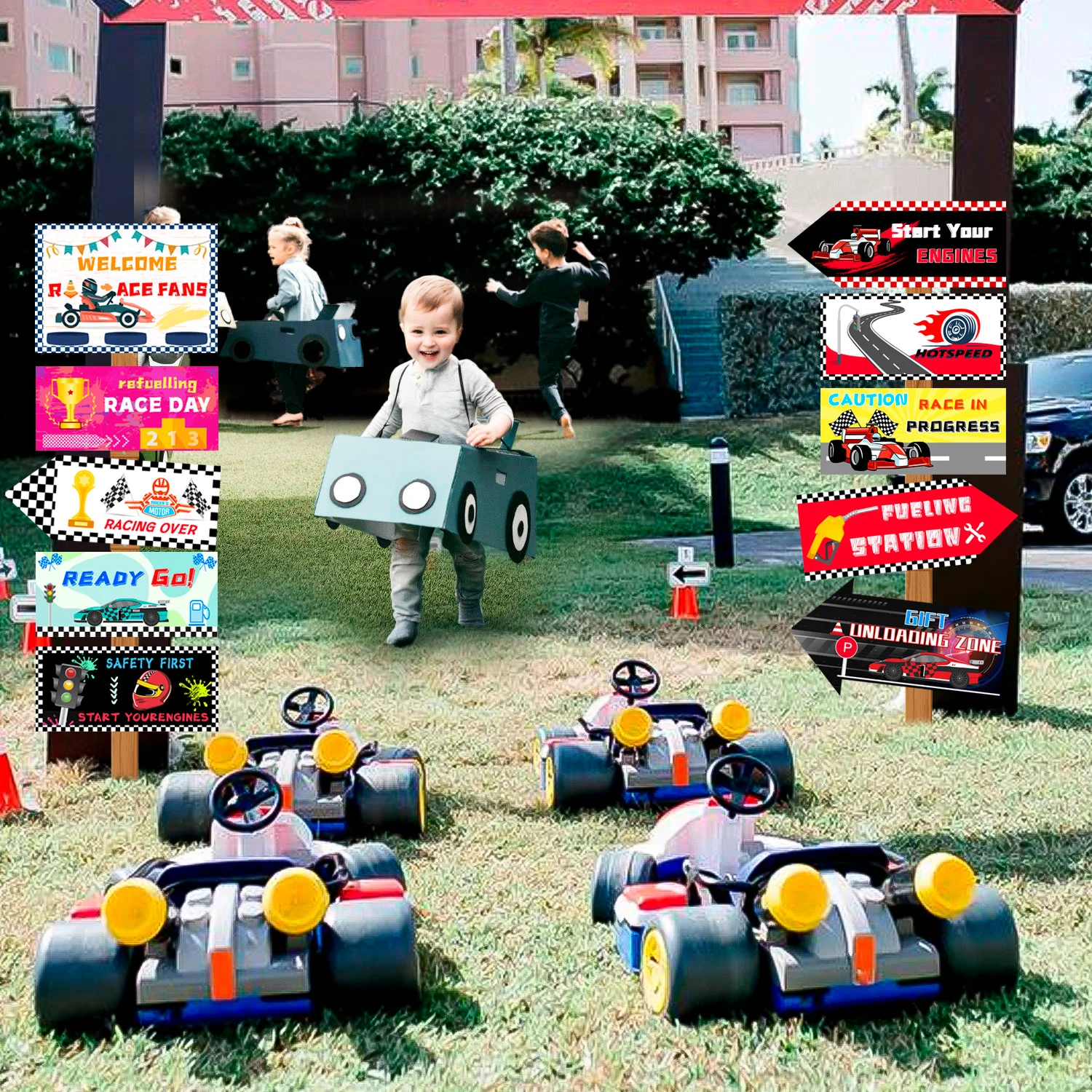 Racing Car Party Signs,10pcs Race Car Birthday Party Decorations Signs Set-Race Birthday Signs,Street Sign&Traffic Signs etc