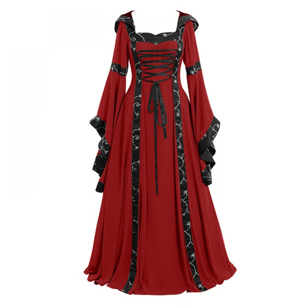 thumbnail image 1 of Vestido de bruja gótica victoriana para mujer, vestido medieval renacentista, mangas de trompeta, traje de demonio para carnaval de Halloween, 1 of 5