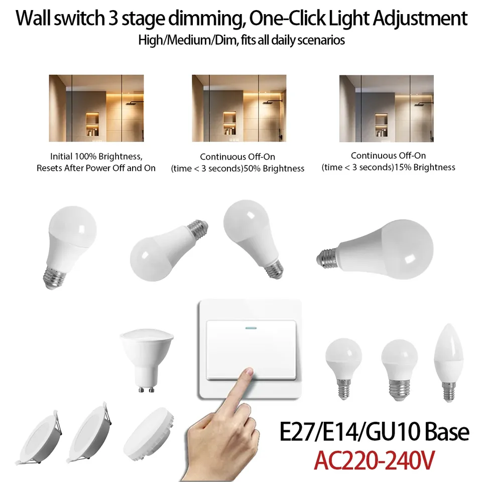 12PCS GX53 E27 E14 GU10 3-Way Dimmable LED Bulb, 100%/50%/15% Brightness Wall Switch Adjustable, Universal Indoor Lighting Lamp