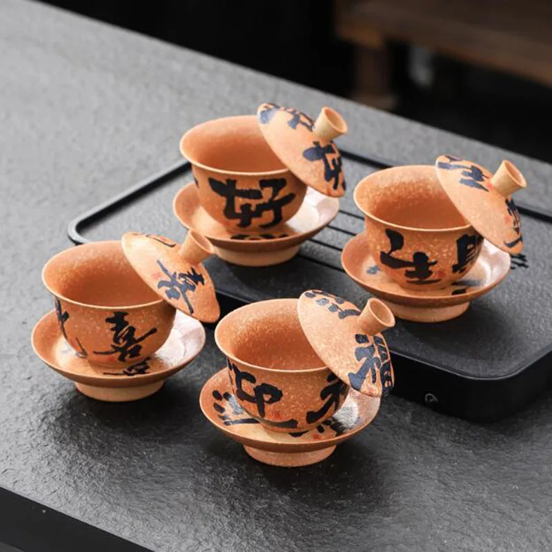 Chinese Style Retro Tea Tureen Flint Red Color Sancai Gaiwan Ceramic Crafts Kungfu Tea Bowl Cup Kitchen Drinkware