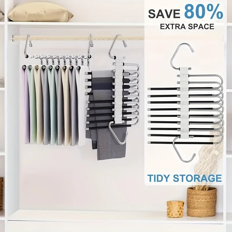 1 pc Stainless Steel Retractable Trouser Rack Folding Multi-functional Multi-layer Hanger Home Storage Clothes Drying Rack 2