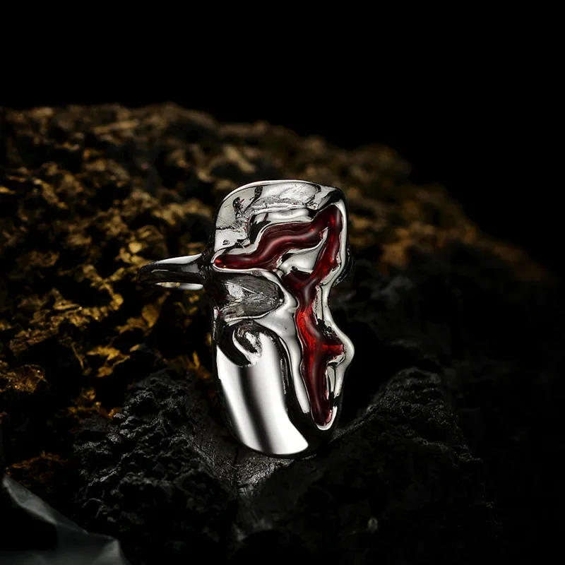

Youth of Vigor Wide Alien Irregular Solid 925 Silver Fingertip Ring Red Enamel Polished Party Open Rings R1204