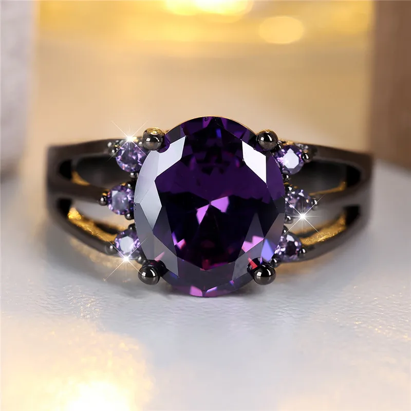 Elegant Female Purple Zircon Stone Engagement Ring Black Gold Color Wedding Jewelry For Women