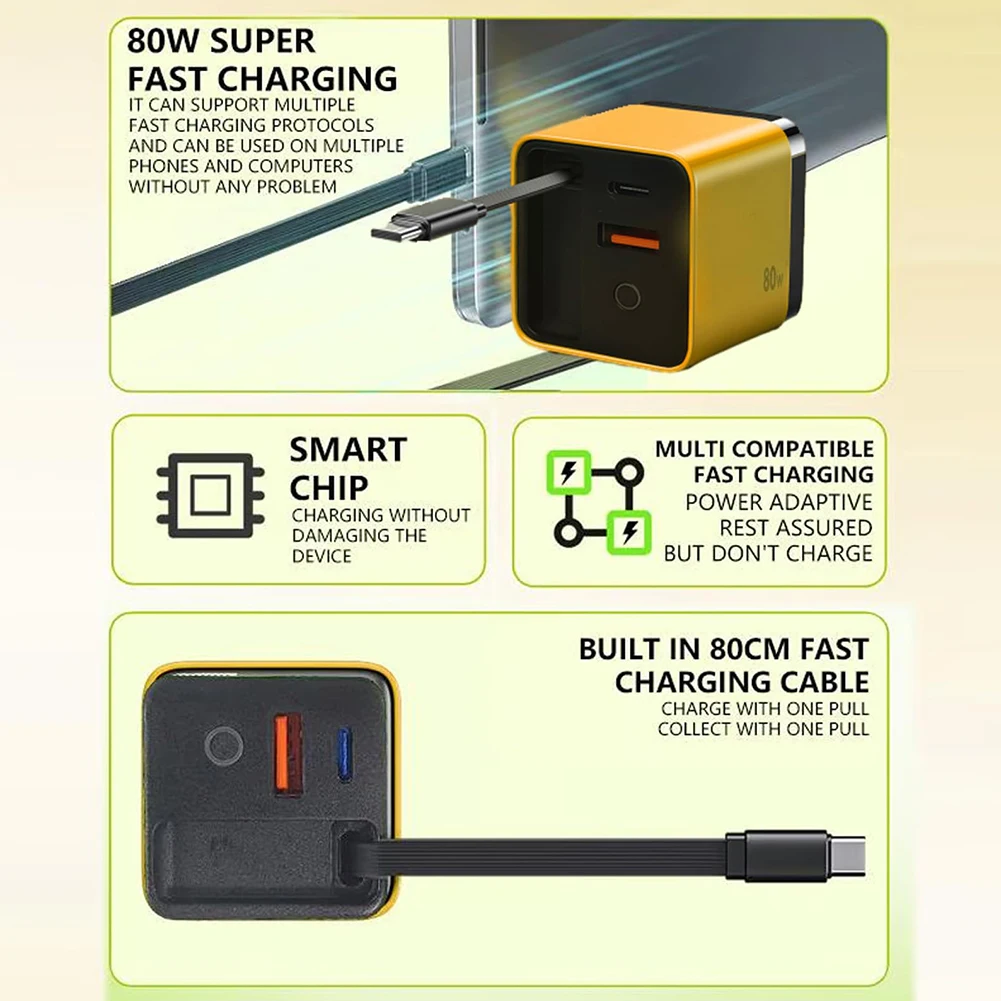 3 in 1 Fast Charger Block GaN Charger Retractable Phone Wall Plug GaN Phone Charger with Type-C Cable and 2 USB Ports for Phone