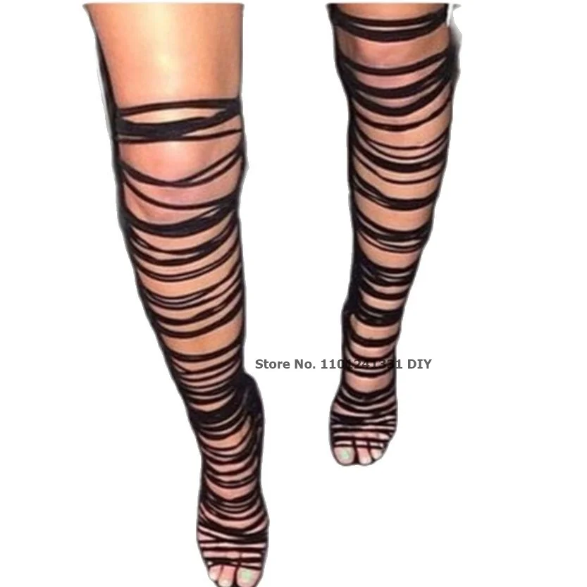 Hot selling solid color multi thin strap crisscross high heel knee high sandal boots fashion cut-outs back zipper sandals boots