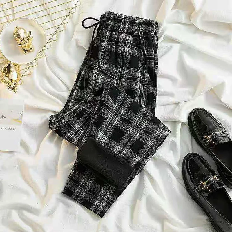 Winter New Elastic Waist Thick Plaid Casual Pants Loose All-match Plus Size Youth Harlan Pants Vintage Fashion Women Clothing