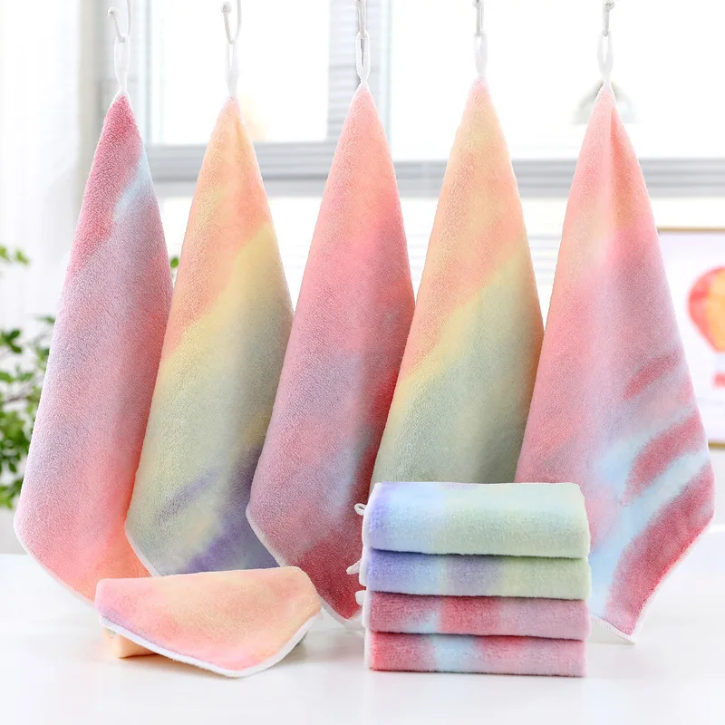 Creative Coral Velvet Towel Colorful Square Towel Rainbow Children's Hand Towel Cleaning Cloth Kitchen Towel Microfiber Cloth