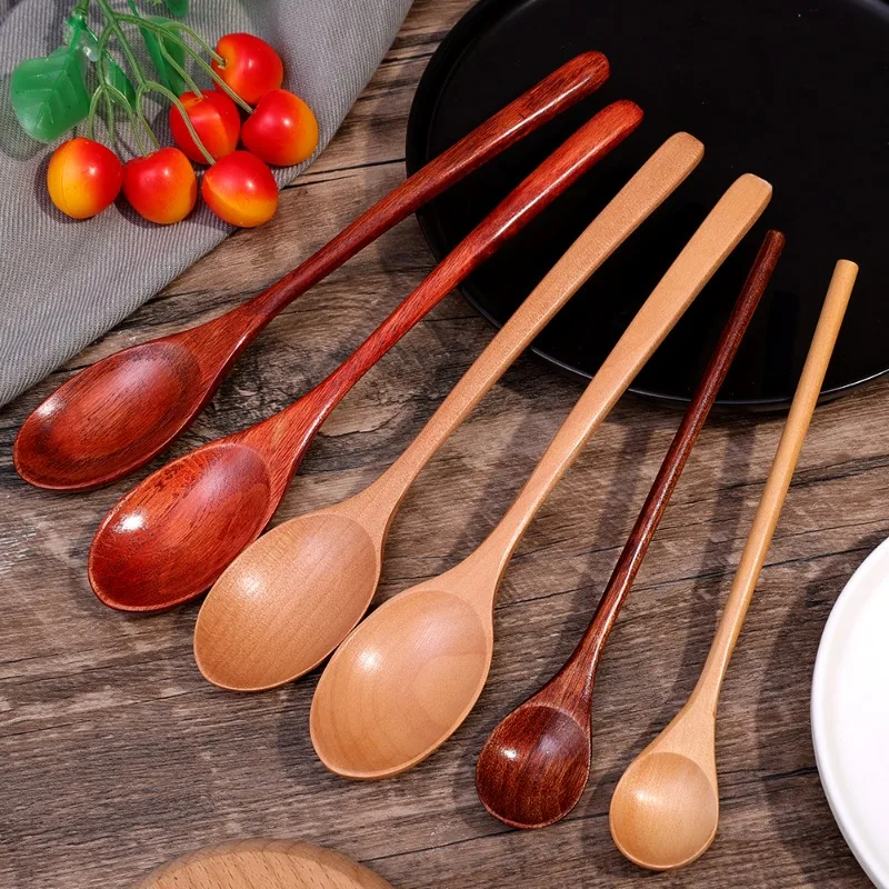 Wooden Spoon 1-10PCS Wooden Spoon Long Hand Cooking Scoops Stirring Soup Spoons Coffee Dessert Honey Stir Teaspoons Kitchen Tableware Sets