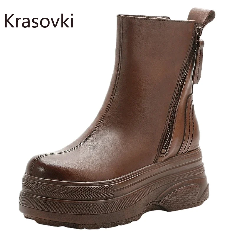 

Krasovki 7cm Cow Natural Genuine Leather Autumn Women Comfy Spring Booties ROME Autumn Platform Wedge Ankle Boots Fashion Shoes
