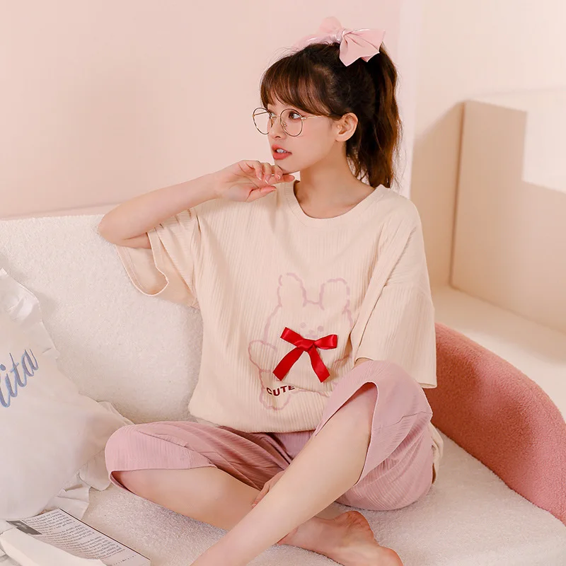 New Arrivals Cotton Short Sleeve Summer Short Sleeved Women Pajamas Set Pyjamas Women Sleepwear Cute Crew Neck Suit homewear