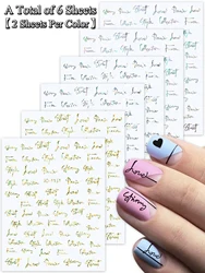 Stylish Handwriting Self - Adhesive Nail Art Stickers - Elegant DIY Manicure Decals (Set6 (6 Sheets))