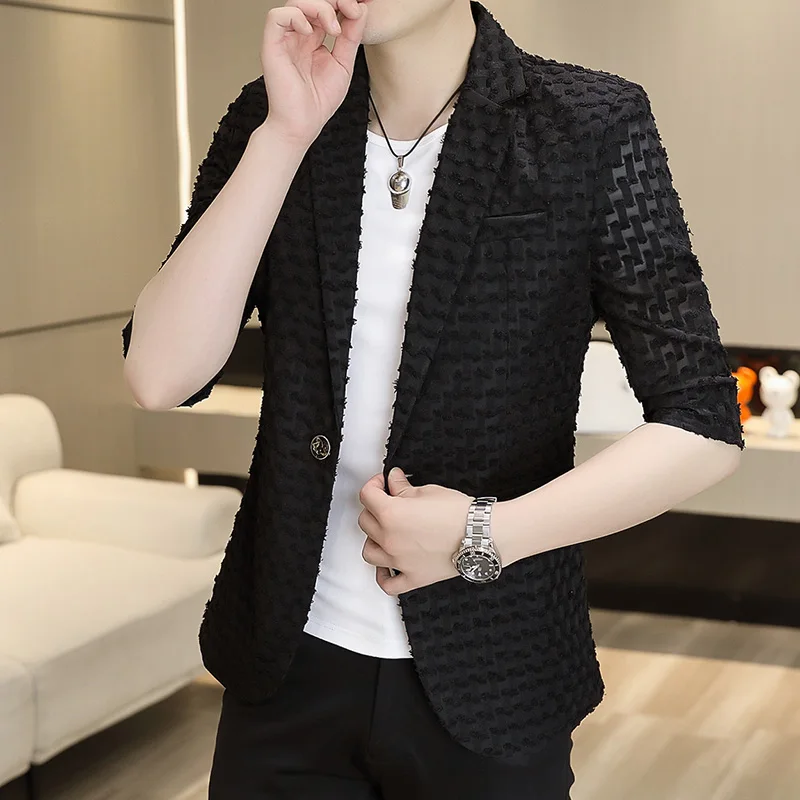 Summer Quarter Sleeved Suit Jacket for Men's Thin Casual Business Blazers Hollow Out Sexy Stage Performance Hairstylist Coats