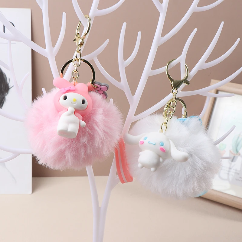 

Брелок Hello Kitty Sanrio Kuromi, пингвин, лягушка, собака, кошка, с пушистым помпоном из кроличьего меха, женская подвеска для сумки, подарки