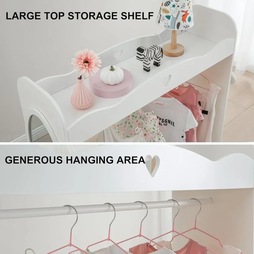 Kids Armoire Dress-Up Closet w/Mirror,Open Hanging Wardrobe w/Clothes Rack,Toddlers Pretend Play Costume Storage Dresser 5