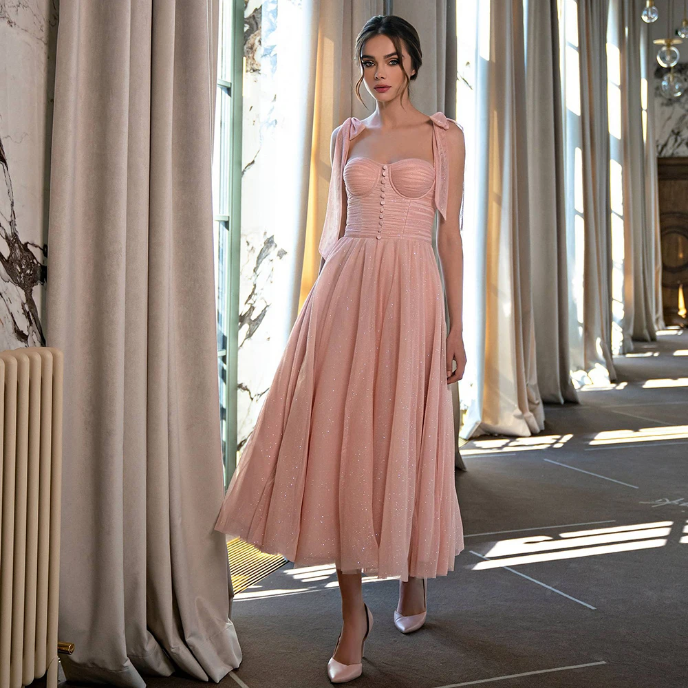 

Chic Spaghetti Straps Cocktail Party Dresses A-line Tea Length Prom Gown Glitter Tulle Blue Homecoming Dress Graduation Wear