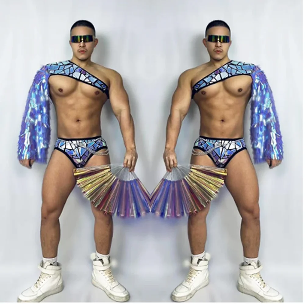 

Male Pole Dance Costume Mirror Tops Shorts Gogo Dancer Outfit Nightclub Bar Rave Clothing Muscle Man Performance Wear