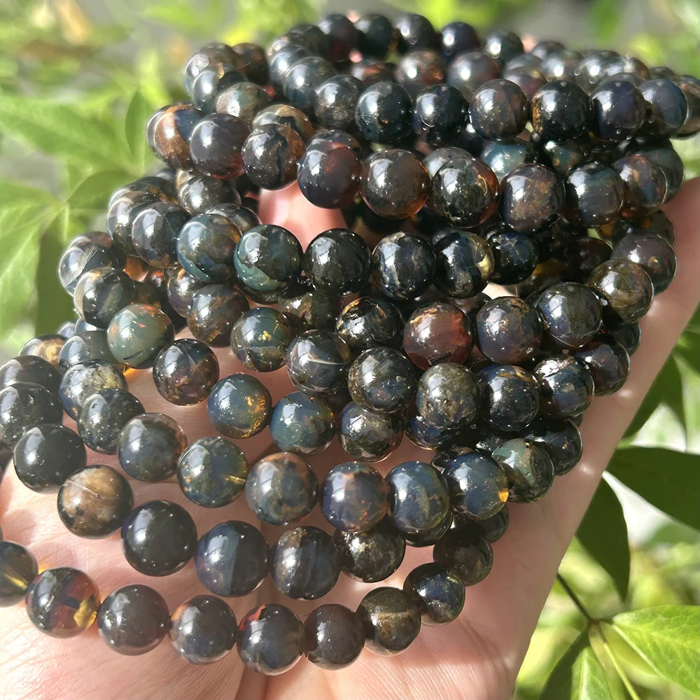 Natürliches echtes Myanmar Blue Amber Inside Algen-Armband, runde Perlen, 7,5 mm–8,5 mm, impervorragende Perlen, für Damen-Armbänder, Geschenk