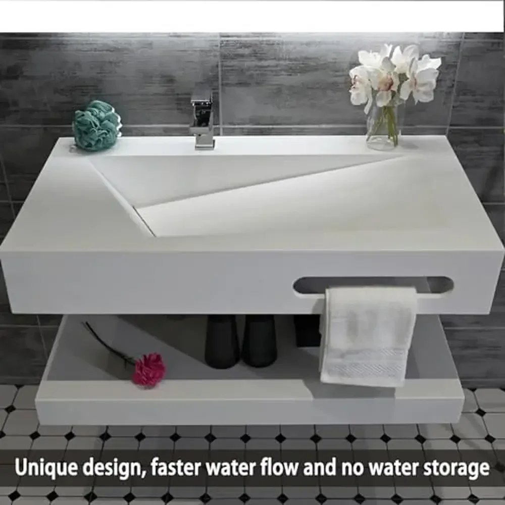 Rectangular Bathroom Vanity Sink Stone Resin Floating Shelf Matte White Trough 32x19