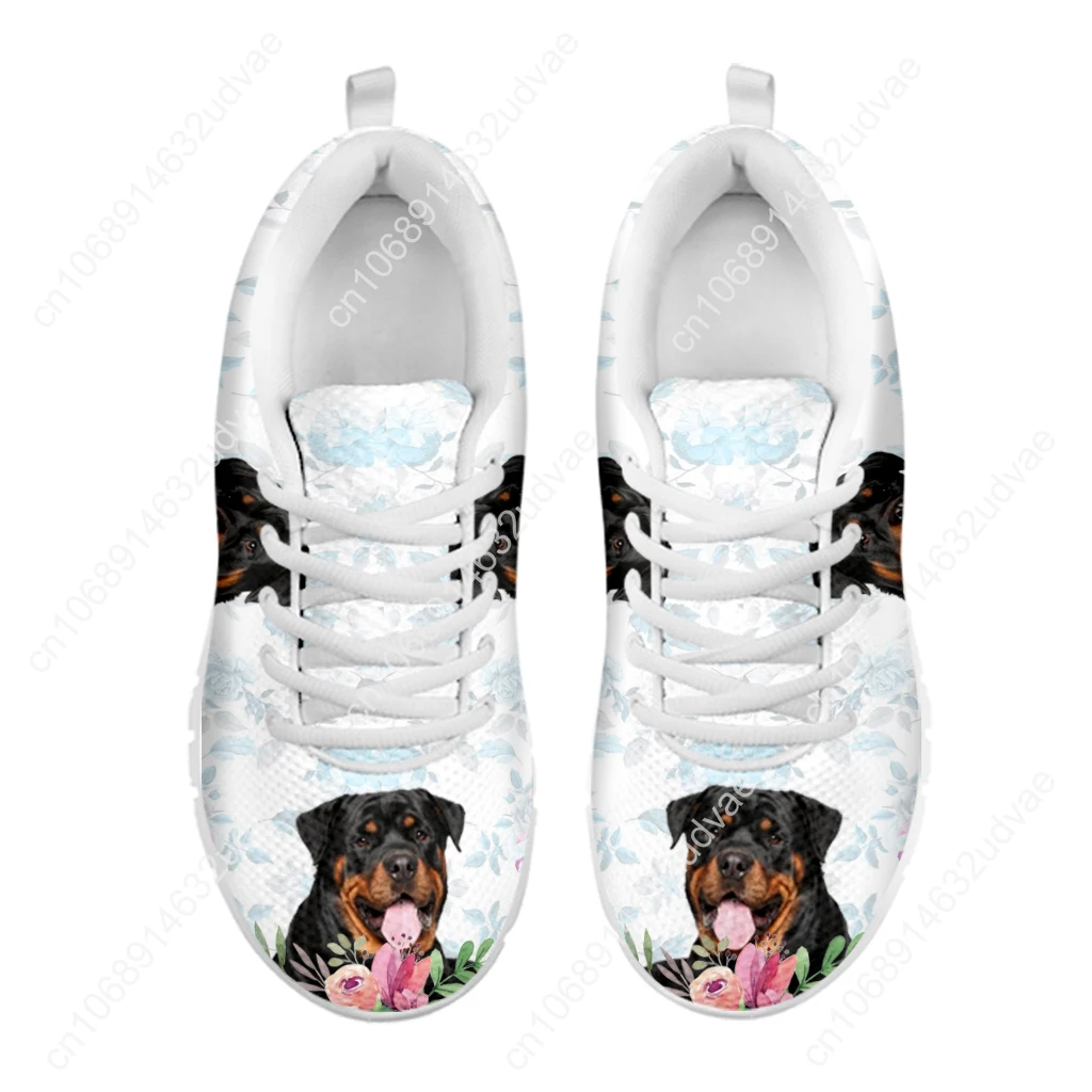 New Rottweiler Design White Soft Sole Casual Sneakers Floral Print Lace Up Sneakers Animal Shoes Zapatos Planos