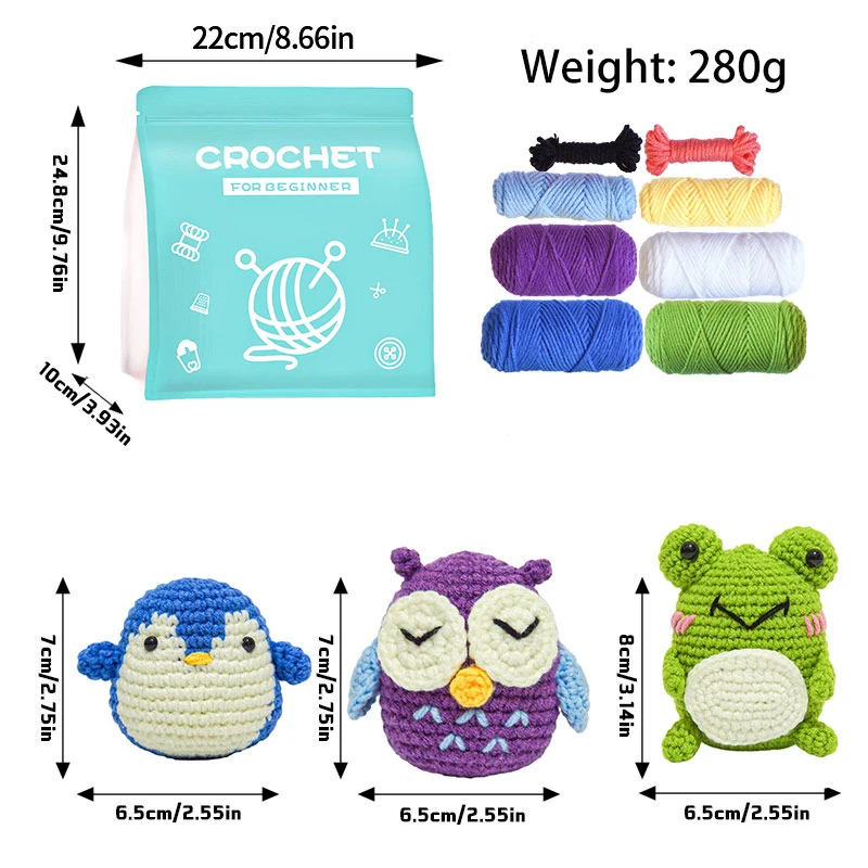 Crochet Kit For Beginner Crochet Knitting Kit Cute Frog Owl Penguin Animal Dolls Starter Pack with Tool Set and Instruct