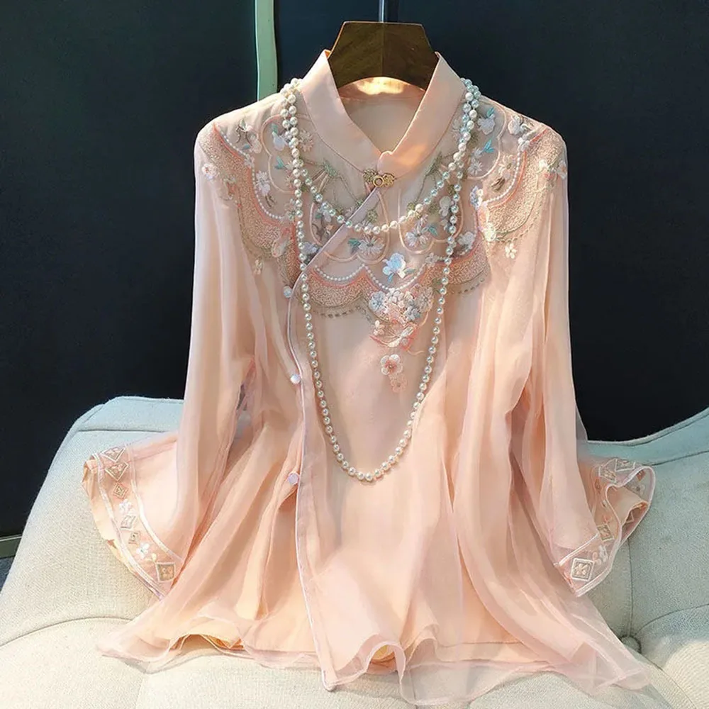 

Chinese Style Women's Blouses Exquisite Embroidered Tops Spring 2023 New Vintage Disc Button Shirt Hanfu Elegant Vintage Blouse