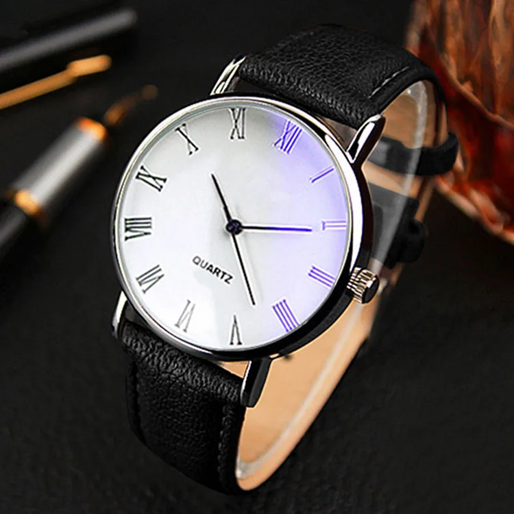2022 Fashion Men's Watch Men Roman Numerals Blu-Ray Faux Leather Band Quartz Business Men's Minimalist Watches 