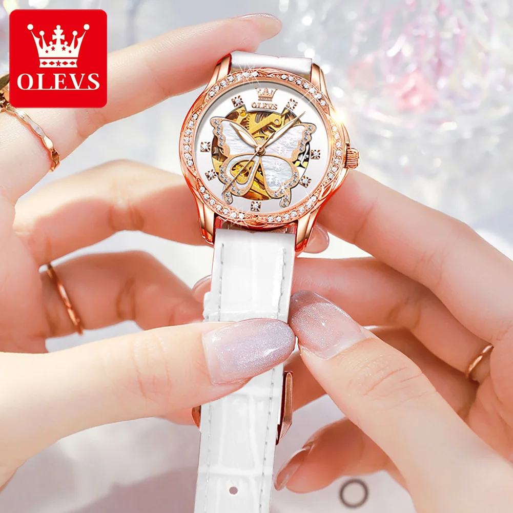 OLEVS Top Brand Mechanical Women Watch Fashion Switzerland Luxury Brand Ladies Wrist Watch Automatic Leather Strap Gift 5
