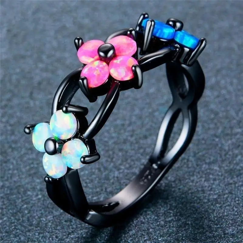 

Fashion Elegant Round Blue/pink/white Fire Opal Flower Rings for Women Unique Best Wedding Bands