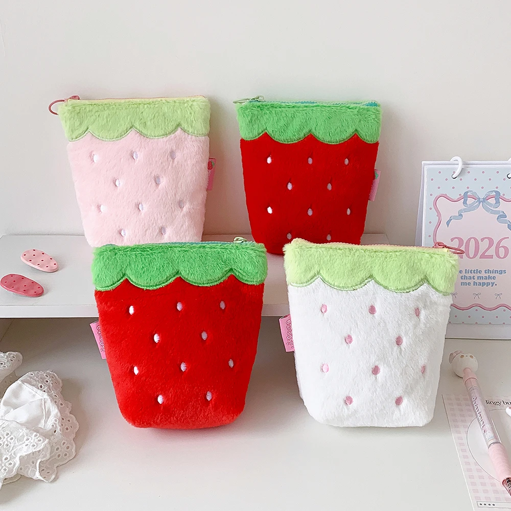 Cute Strawberry Plush Pencil Case With Zipper For Travel Makeup_voghion.com