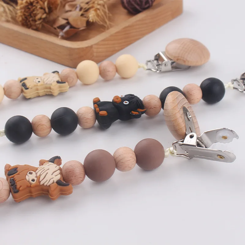 Baby Pacifier Clips Holder Silicone Cartoon Animal Teething Chain Wood Teether For Baby Pacifier Chain Nursing Chew Toys Gift