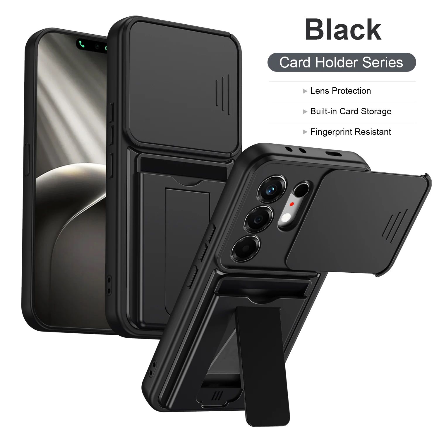 Enhanced Shockproof Armor Phone Case with Slide Lens Cover, Card Holder, and Kickstand