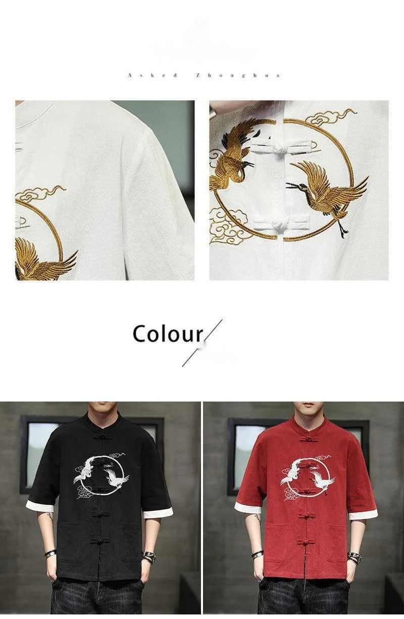 2024 Summer Chinese cotton linen short sleeved men's Tang embroidery Han style loose China-Chic shirt men_autovado.com