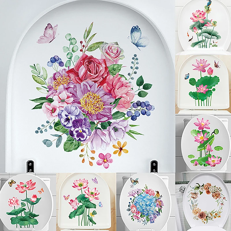 WC Stickers Toilet Plant Floral Wall Sticker For Bathroom Toilet Lid Sticker Decal Self Adhesive Mural Home Decoration