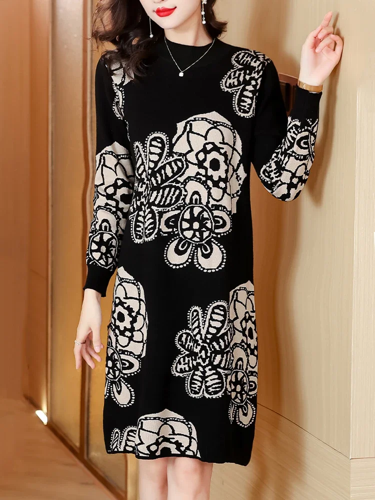 

Floral Print Long Sweaters Dress Spring Women Clothing Long Sleeve Femme Pullover Elasticity Loose Pulls Black Sweater For Women