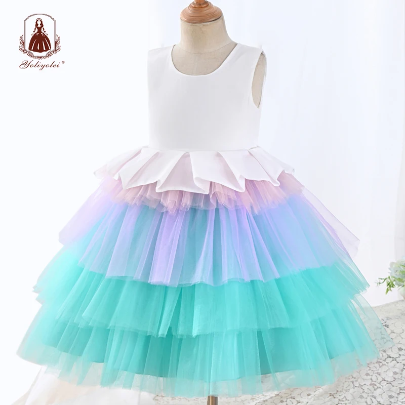 

Yoliyolei Rainbow Tutu Kids Dress Layered Girls Unicorn Summer Sleeveless Dress Child Dresses Children Clothes 3-9 Years