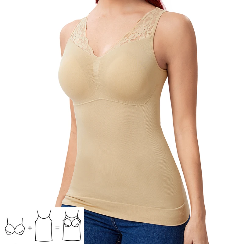 Built In Bra Tank Top Women Shapewear Back Smooth Tummy Control Slim