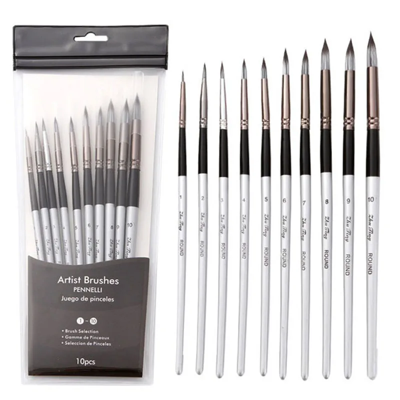 10pcs Round Artist Paint Brushes Set Synthetic Nylon Pointed Tips for