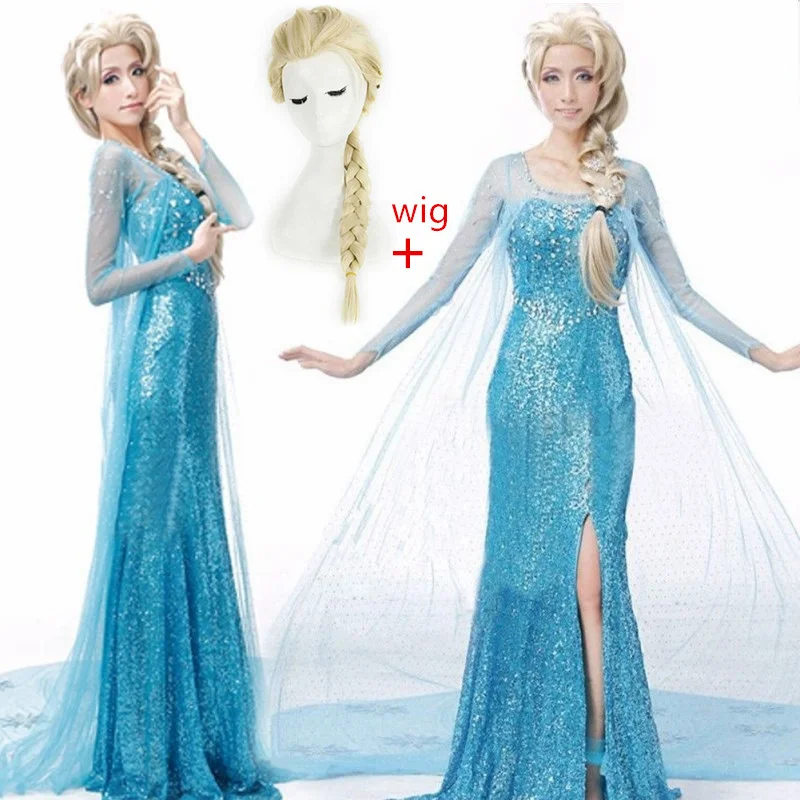 Adult Womens Snow Queen Elsa Prom Costume Cosplay Party Gown Fancy Dress And Wig Halloween Carnival Purim Masquerade Party