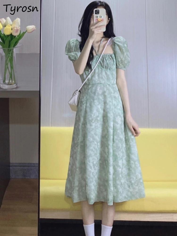 

Dresses Women Midi Design Side-slit Sexy Elegant Sweet Basic Ulzzang Floral Trendy Retro Summer Vestidos Casual Daily High Waist