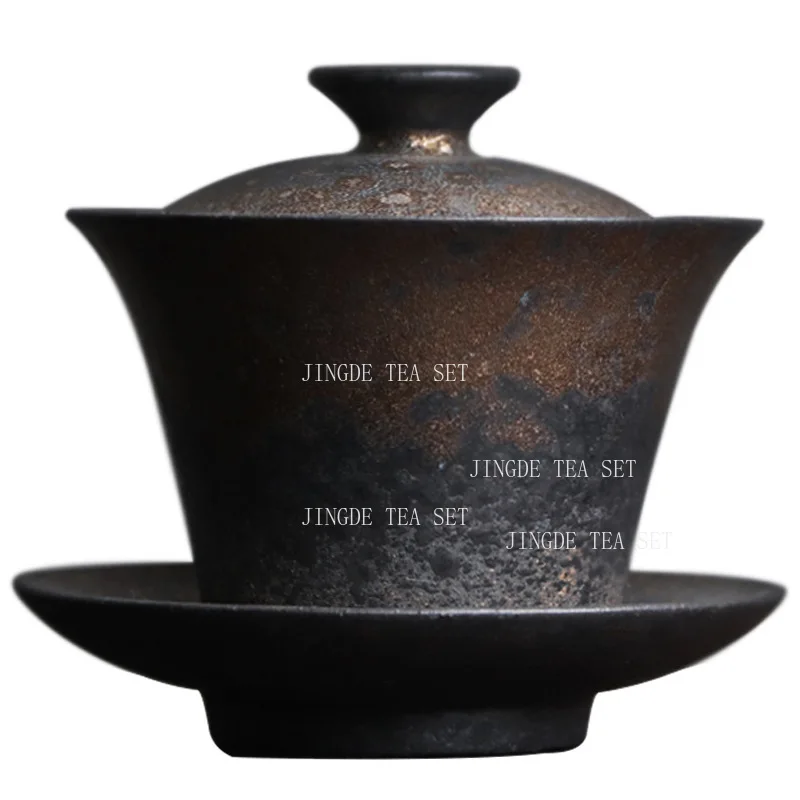 1pcs Coarse Pottery Covered Bowl Chinese Tea Set High-end Retro Gilded Rust Glazed Tea Cup Gaiwan