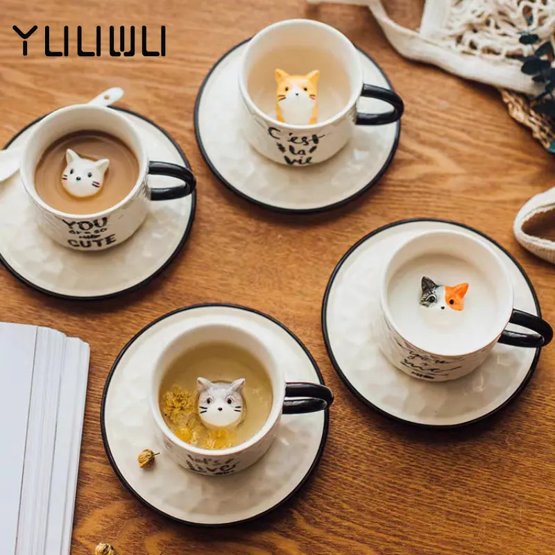 200ml Cute Drinking Cups with Animal Inside with Ceramic Coaster