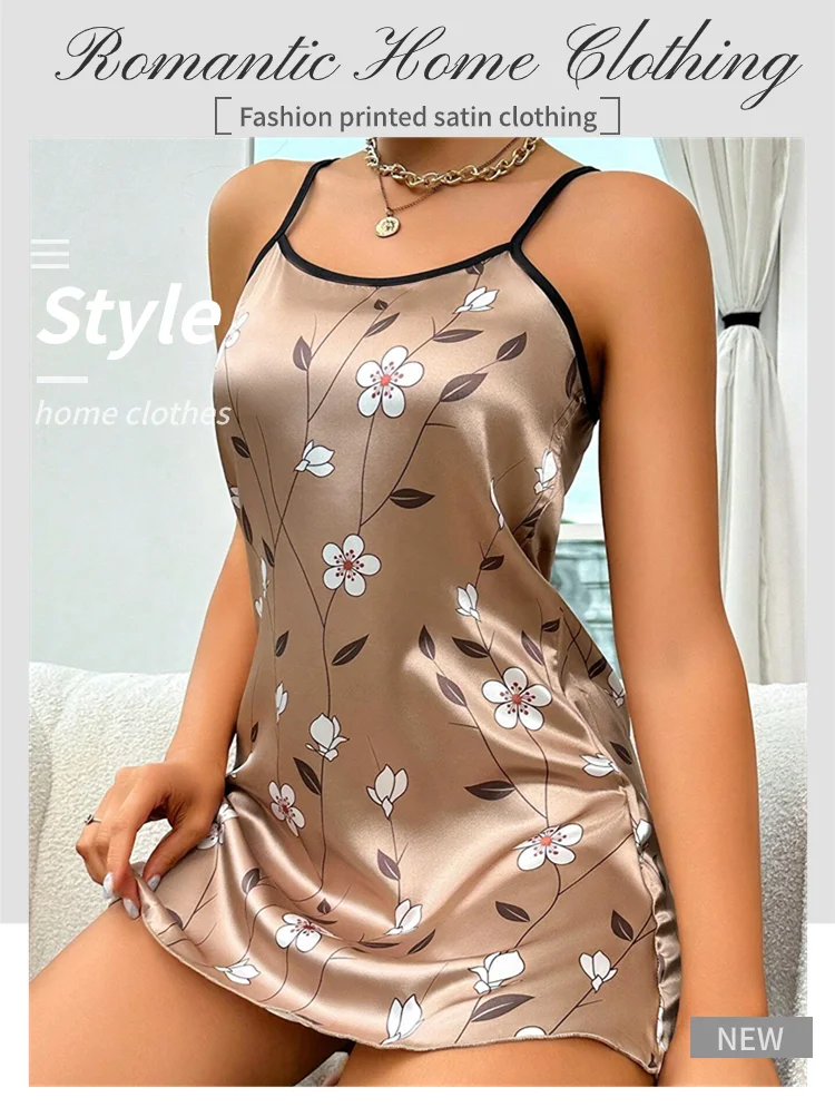 Camisón de satén con estampado Floral para mujer, ropa de dormir cómoda con tirantes finos, lujoso camisón de satén