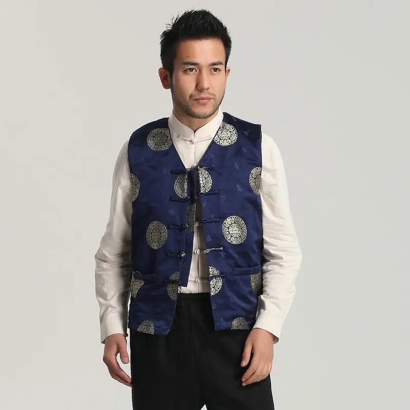 Oriental Style Men Chinese Tapestry Vest Blue Red Weaving Brocade Satin Waistcoat With Fu Character Gilet For Dragon Year 2024