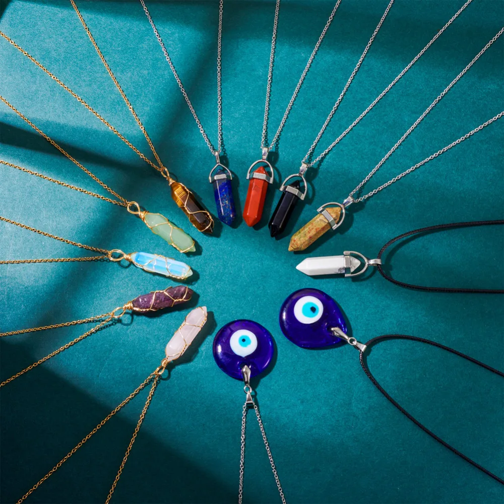 Natural Stone Pendant Synthetic Gemstone Pendants for Women Necklace DIY with Blue Lampwork Evil Eye Charms Jewelry Making Kits