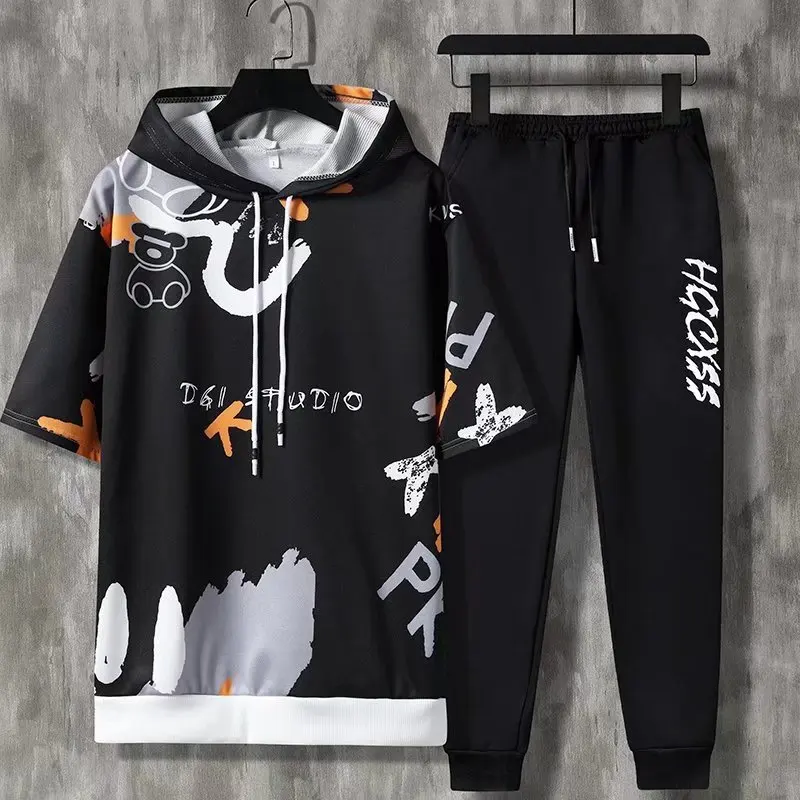 Summer Men's Sets Korean Fashion Hooded outfit Set Short Sleeve Hooded T Shirt+Casual Trousers Men Clothes 2 Piece Set tracksuit