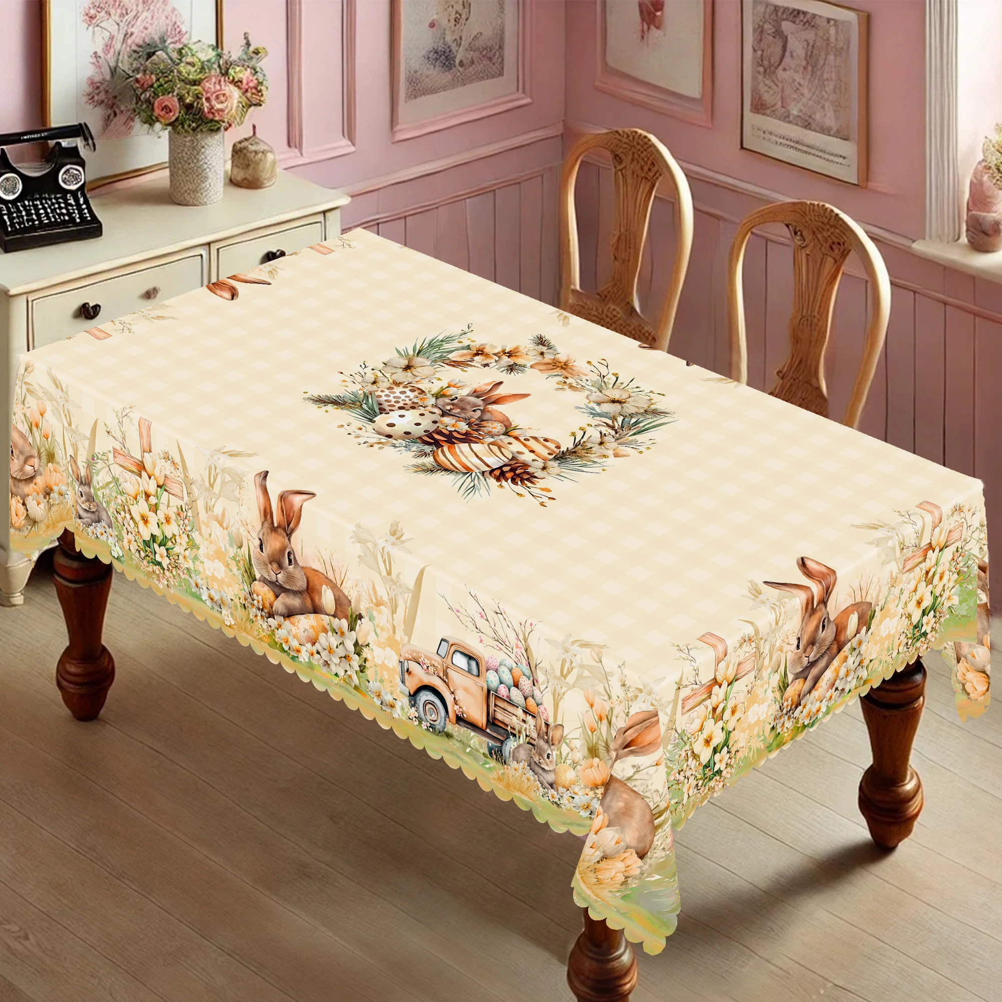 1 Easter Spring Round Tablecloth, 5 Sizes Available, Cross Rabbit Egg Pattern Printed Tablecloth, Edge Embossing Process, Spring Garden Tablecloth Decoration, Tablecloth for Daily Home Kitchen, Terrace Use, Spring Decoration 2