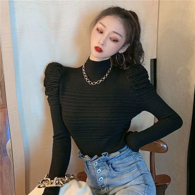 

Biyaby Elegant Puff Sleeve Pullovers Women 2023 Autumn Winter Mock Neck Solid Knitwear Ladies Korean Style Silm Fit Jumper Tops