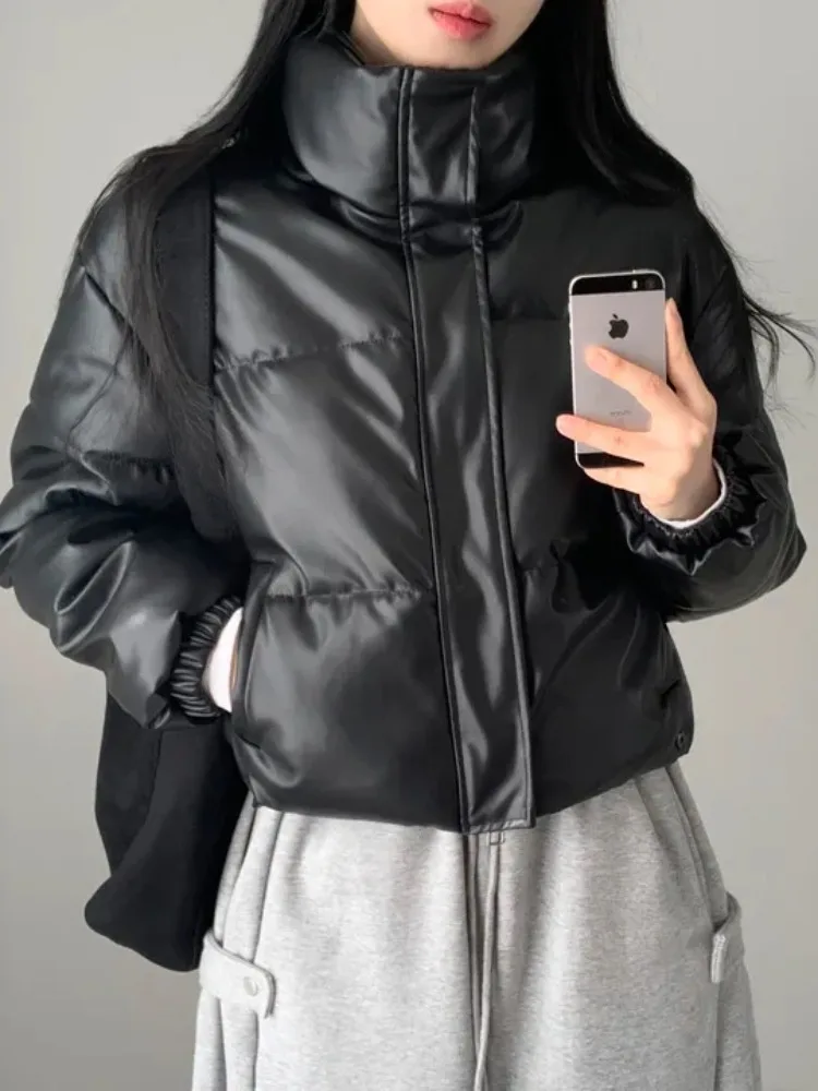 Chic Winter Thiened High Collar Loose PU Leather ort Bread Coat Zipper Cotton Jaet Women's Faionable Versatile Outerwear