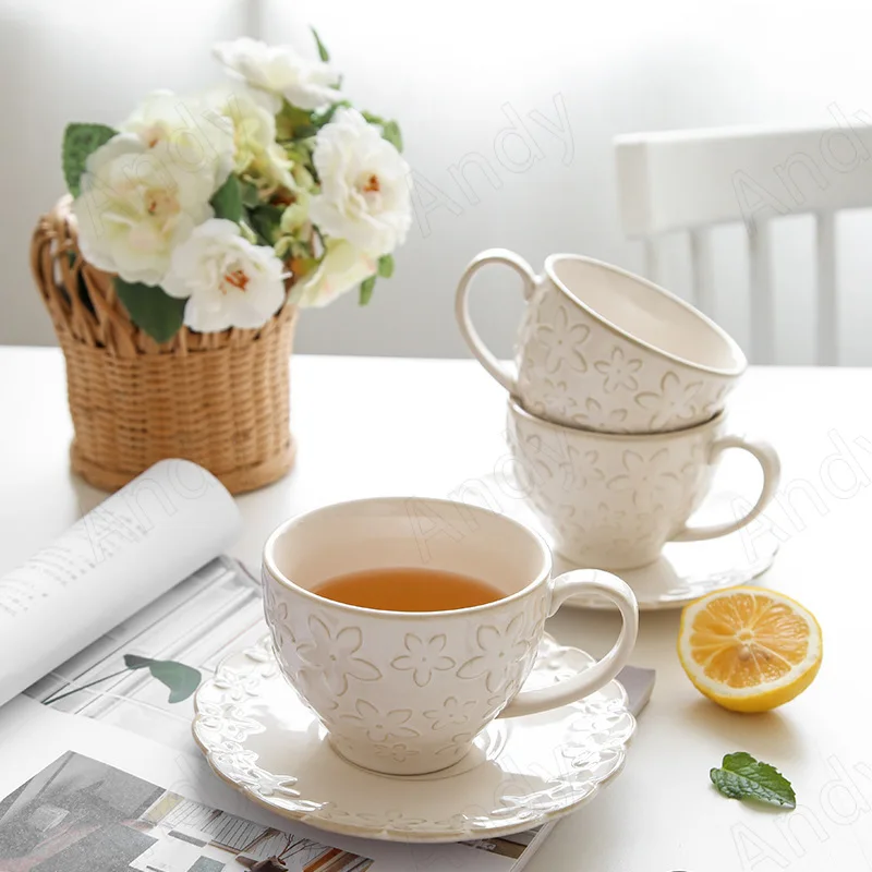 Handmade Floral Espresso Cup & Saucer Set - Ceramic Flower Coffee